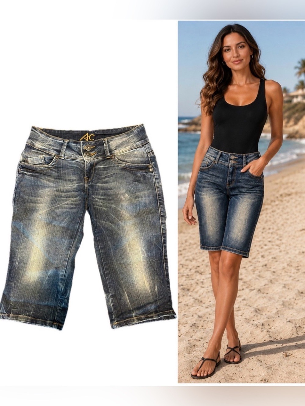 Dark Blue Distressed faded Denim Bermuda Shorts Sz s stretchy Y2K